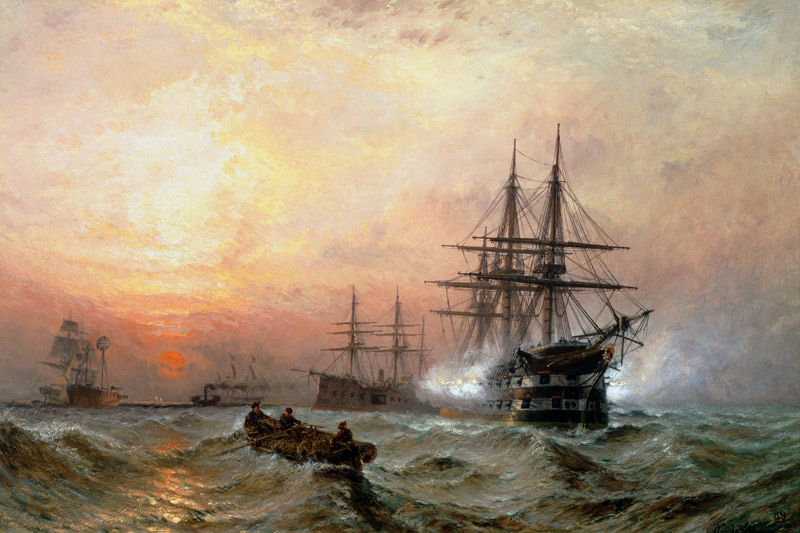 Man-o'-War firing a salute at sunset od Claude T. Stanfield Moore