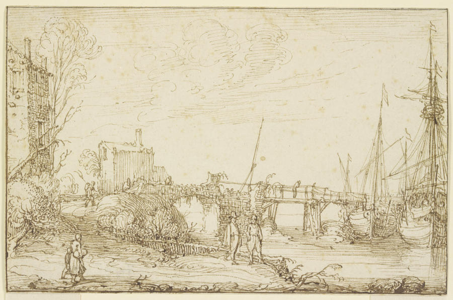 Zwei Schiffe liegen bei einer Brücke, links auf dem Wege mehrere Figuren od Cornelis Claesz. van Wieringen
