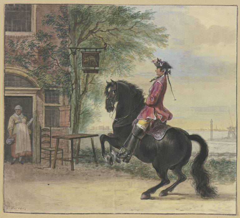 Ein Reiter mit Dreispitz und Zopf, im Hintergrund eine Kanallandschaft od Cornelis Troost