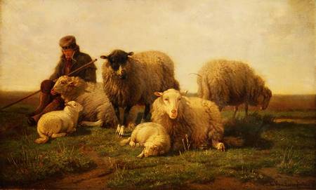 A Shepherd with Sheep and Lambs od Cornelis van Leemputten