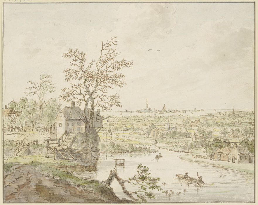Flußgegend, in der Ferne das Meer mit einer Stadt od Cornelis Verdonck