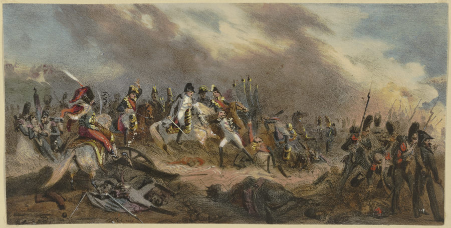 Napoleon mit seinem Hut über ein Schlachtfeld reitend od Denis Auguste Marie Raffet