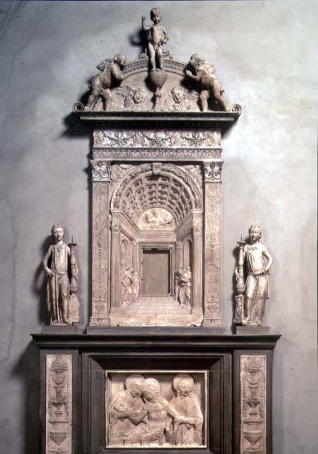 Tabernacle with an architectural trompe l'oeil panel, angel candelabra and a Pieta od Desiderio  da Settignano
