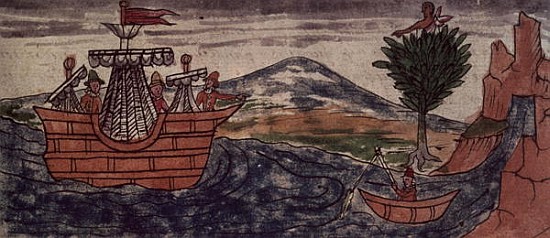 Fol.197v An Indian spy observes the arrival of a Spanish ship on the Mexican coast od Diego Duran