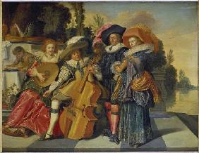 Elegant musical society on a terrace