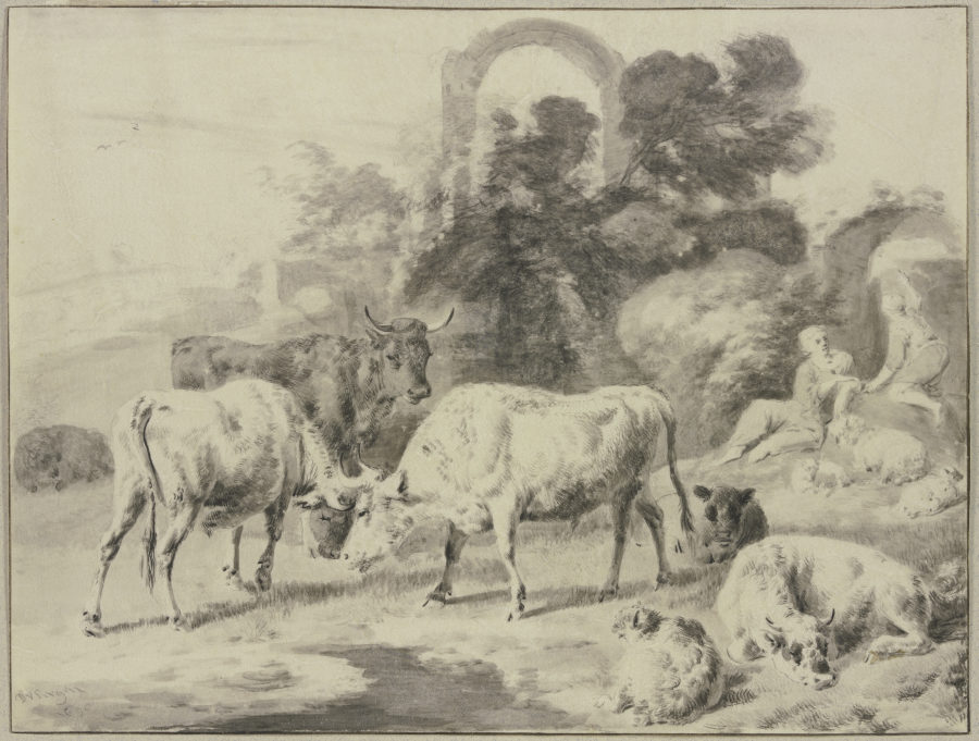 Cow herd with shepherds od Dirck van Bergen