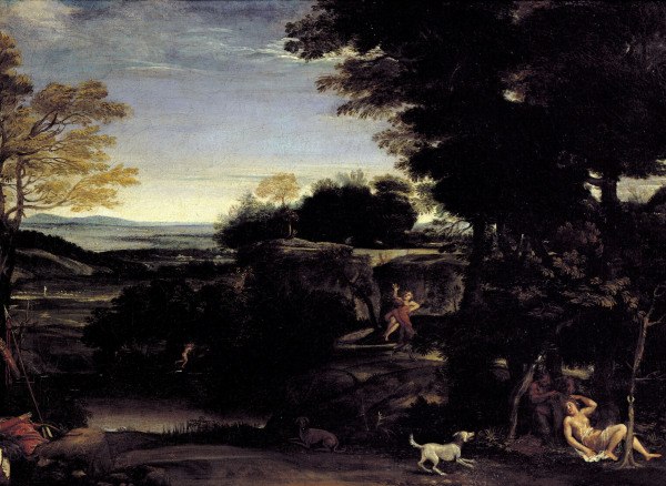 Domenichino /Landscape w.Sylvia & Satyr od Domenichino (eigentl. Domenico Zampieri)