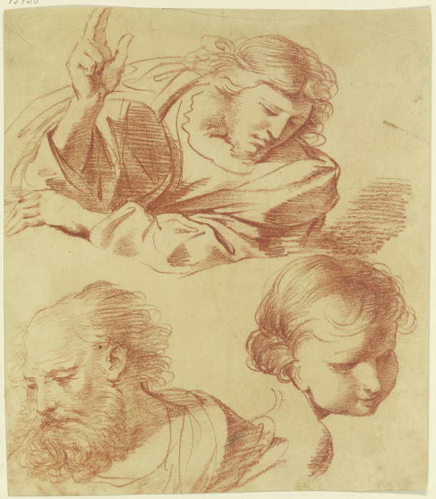 Studienblatt: Segnender Christus mit Blick nach unten, und zwei weitere Köpfe od Domenichino (eigentl. Domenico Zampieri)