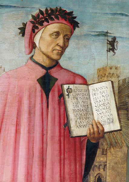 Dante reading from the 'Divine Comedy', detail of Dante Alighieri (1265-1321) od Domenico  di Michelino