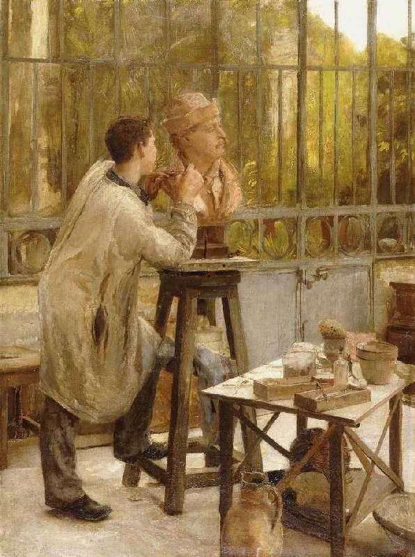 Ein Bildhauer in seinem Atelier (möglicherweise E.J. Dantan in seinem Atelier, an einer Büste von Ge od Edouard-Joseph Dantan