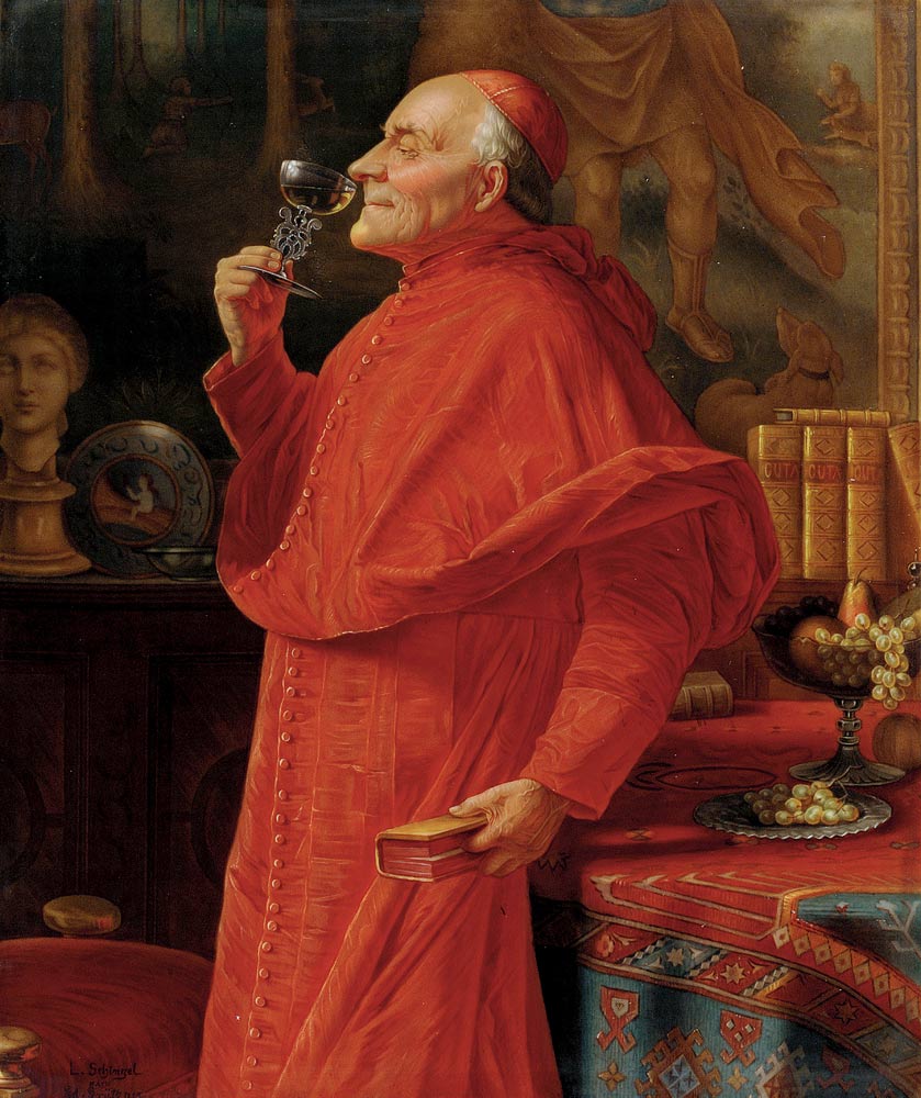 Plaque depicting a Cardinal sampling the bouquet of a white wine from a Venetian glass od Eduard Grützner