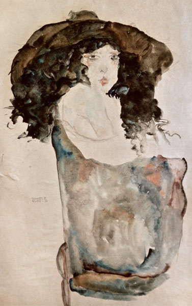 Girl with blue-black hair and hat. od Egon Schiele