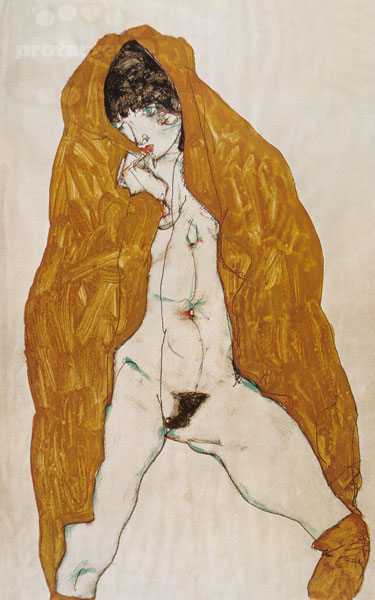Female act with a yellow cape od Egon Schiele