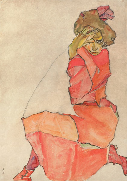 Kneeling Female in Orange-Red Dress od Egon Schiele