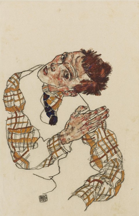Self-portrait with checkered shirt od Egon Schiele
