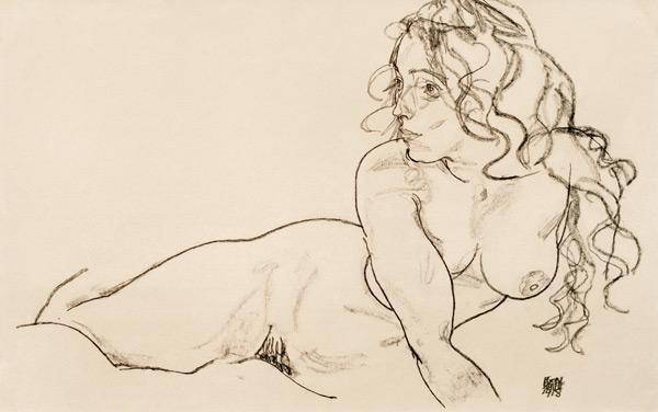 Female act with long hair resting himself - Egon Schiele