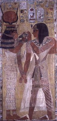 The Goddess Hathor placing the magic collar on Seti I (c.1394-1279 BC), taken from the Tomb of Seti od Egyptian 19th Dynasty