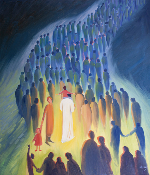 Christ walks amongst his people, with the pilgrims and the sick ones, a child on His shoulders od Elizabeth  Wang