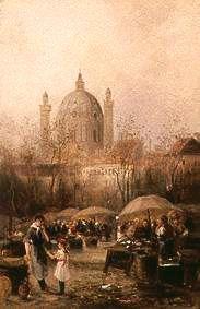 Market scene in Vienna, in the background the church Karl Borromäus.