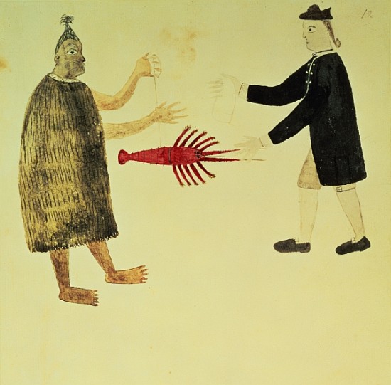 A Maori bartering a crayfish with an English naval officer, from a series of drawings illustrative o od English School