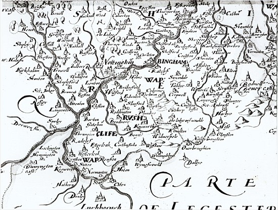 Detail of a map of the county of Nottinghamshire showing the town of Nottingham od English School