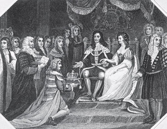 Presentation of the Bill of Rights to William III (1650-1702) of Orange and Mary II (1662-94) od English School