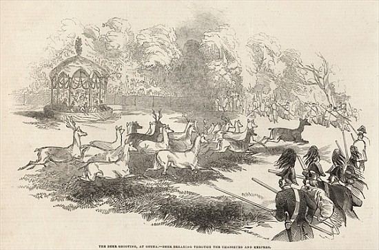 The Deer Shooting at Gotha: Deer breaking through the Chasseurs and Keepers, from ''The Illustrated  od English School