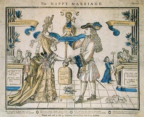 The Happy Marriage (stencil coloured woodcut) od English School, (17th century)