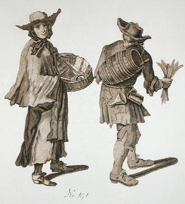 'Buy a new Almanac! Fine writing ink!', illustration of street sellers around 1675 (engraving) od English School, (17th century) (after)