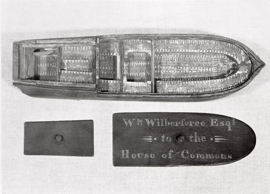 Aerial view of the model of the slave ship 'Brookes' used by William Wilberforce in the House of Com od English School, (18th century)