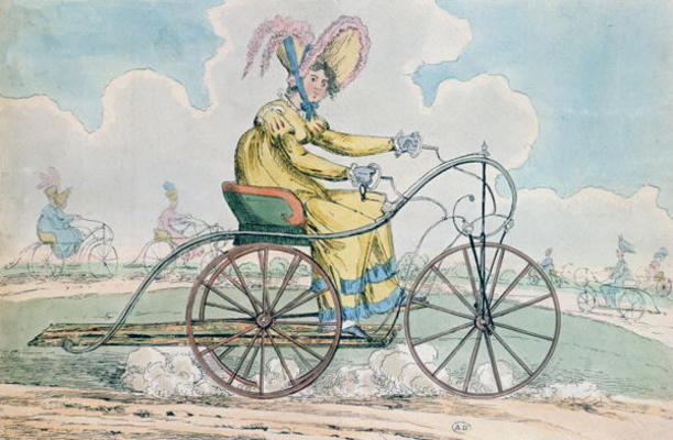 Bicycle with three wheels, the Ladies' hobby, 1819 (colour litho) od English School, (19th century)