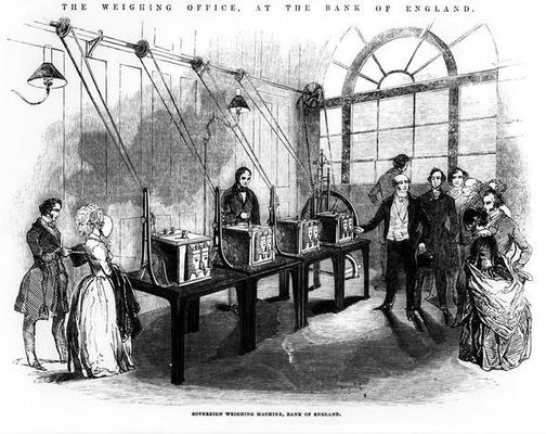 Sovereign Weighing Machine, Bank of England (engraving) (b/w photo) od English School, (19th century)