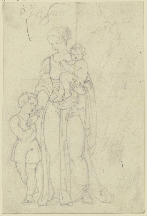 Frau im Renaissance-Habit mit einem Kind auf dem Arm und einem Jungen zu ihrer Rechten (Maria mit de od Eugen Eduard Schäffer