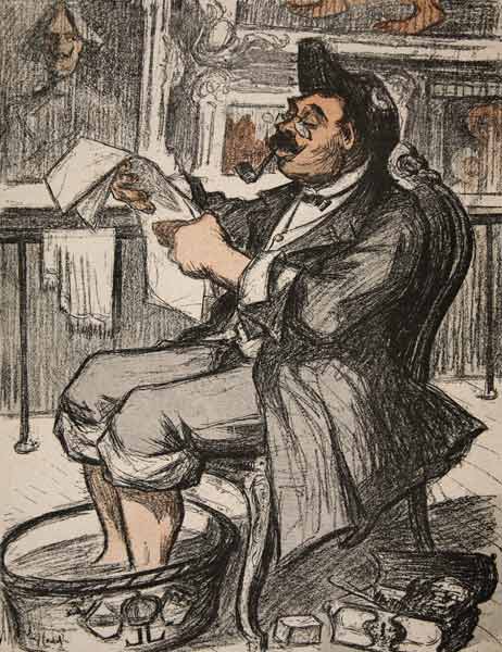 A government official reading his newspaper with a footbath, illustration from ''L''assiette au Beur od Eugene Cadel