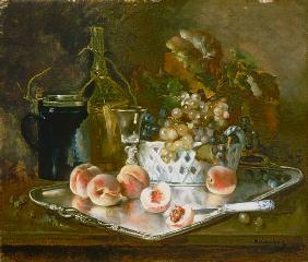 Still life with peaches, grapes and wine-glass