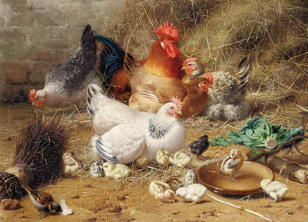 Hens roosting with their chickens od Eugène Remy Maes