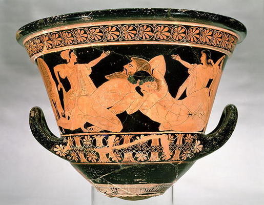 Attic red-figure calyx-krater depicting Herakles Wrestling with Antaeus, from Cervetri, Italy, c.510 od Euphronios