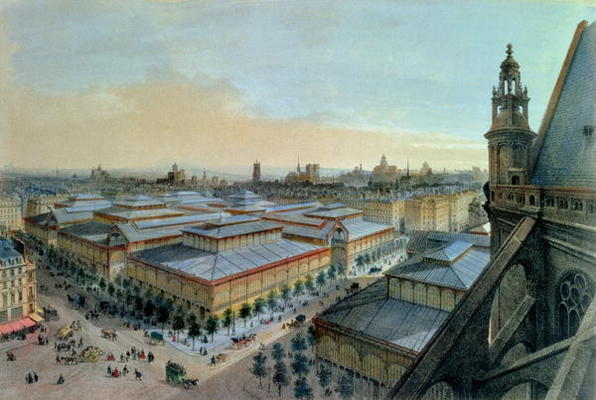 View of Les Halles in Paris taken from Saint Eustache upper gallery, c. 1870-80 (colour litho) od Felix Benoist