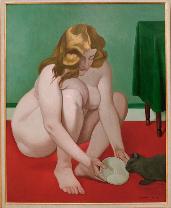 Femme accroupie offrant du lait a un chat od Felix Vallotton