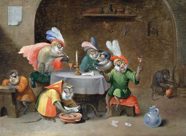 A Tavern Interior with Monkeys drinking and smoking od Ferdinand van Kessel