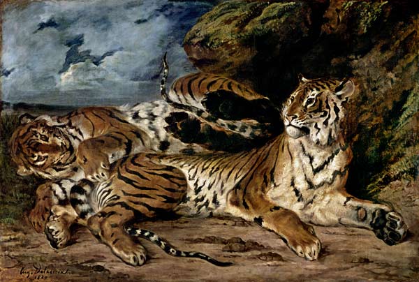 A young tiger plays with his mother od Ferdinand Victor Eugène Delacroix