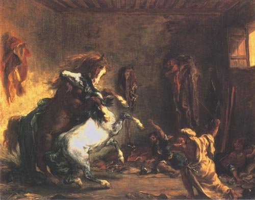 Fighting Arabian horses in a stable od Ferdinand Victor Eugène Delacroix