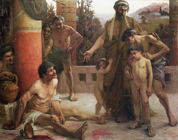 A Spartan points out a drunken slave to his sons, 1900 (oil on canvas)  od Fernand Sabbate
