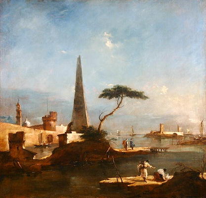 Obelisk beside the entrance to a walled harbour (oil on canvas) od Francesco Guardi