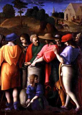 The Search for the Stolen Cup, from 'The Stories of Giuseppe Ebreo' (tempera on panel) od Francesco Ubertini Verdi Bachiacca