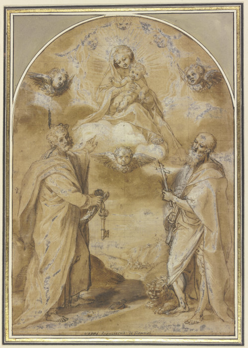 Die Madonna mit dem Jesuskind erscheint in einer engelgesäumten Gloriole den Heiligen Petrus und Hie od Francesco Vanni