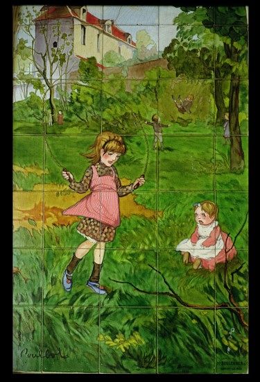 Tiles decorated with children playing in a garden od Francisque Poulbot