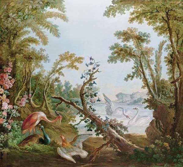 Lake with swans, a flamingo and various birds, from the salon of Gilles Demarteau