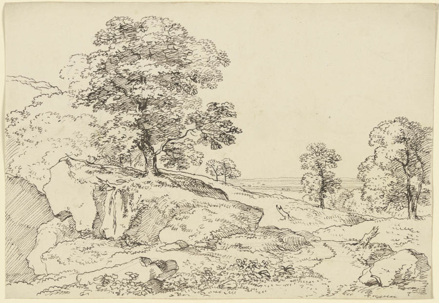 Alter Baum auf einem Felsvorsprung in einer Wiesenlandschaft od Franz Innocenz Josef Kobell