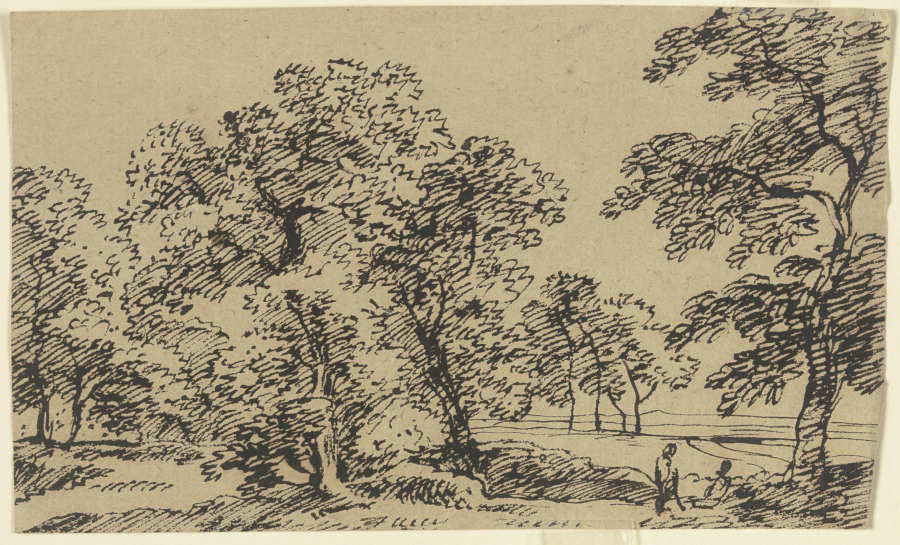 Baumbestandene Ebene, durch die sich ein Weg schlängelt, im Vordergrund rechts zwei rastende Wandere od Franz Innocenz Josef Kobell